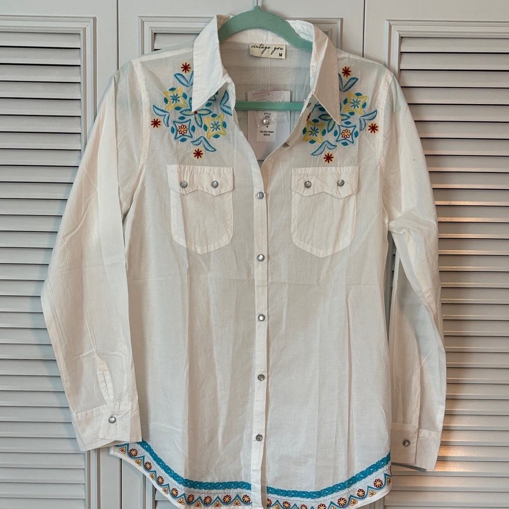 Vintage Goa Women’s White Embroidered Western Button Down Shirt NWT Medium - Picture 6 of 11